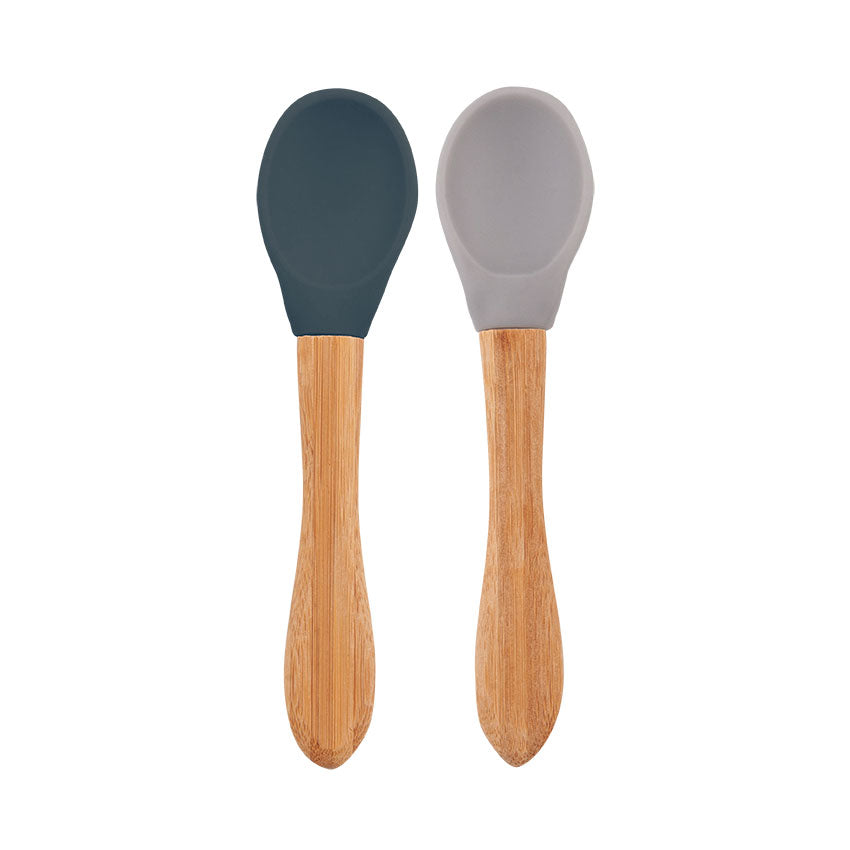Minikoioi Colheres em Silicone e Bambu - Deep Blue/Powder Grey