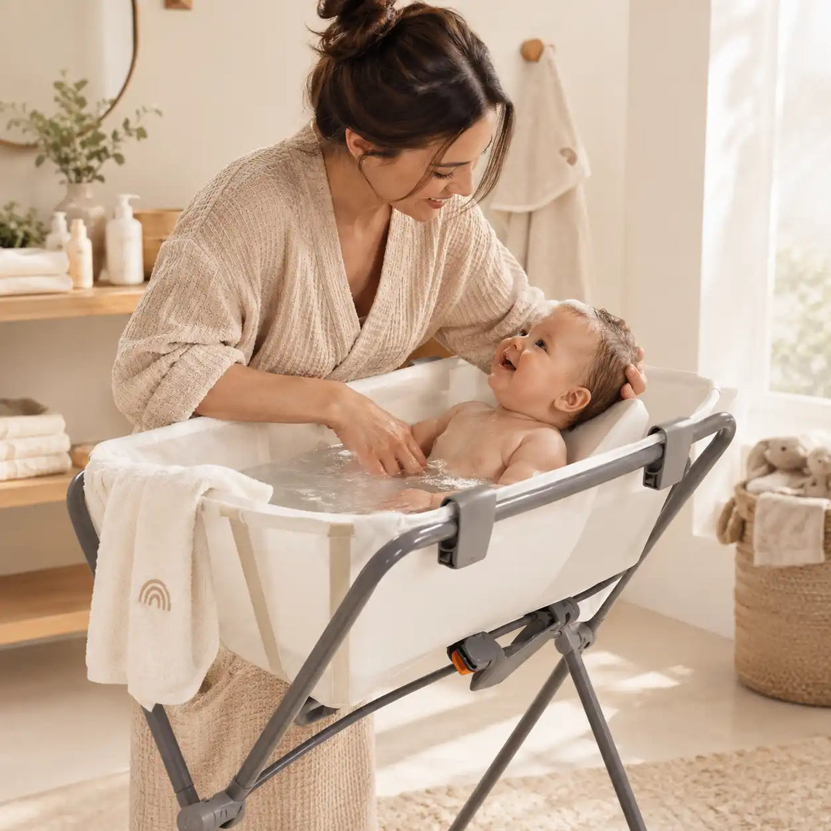 Mãe a preparar o banho do bebé na banheira Stokke, num ambiente luminoso com tons neutros e naturais.