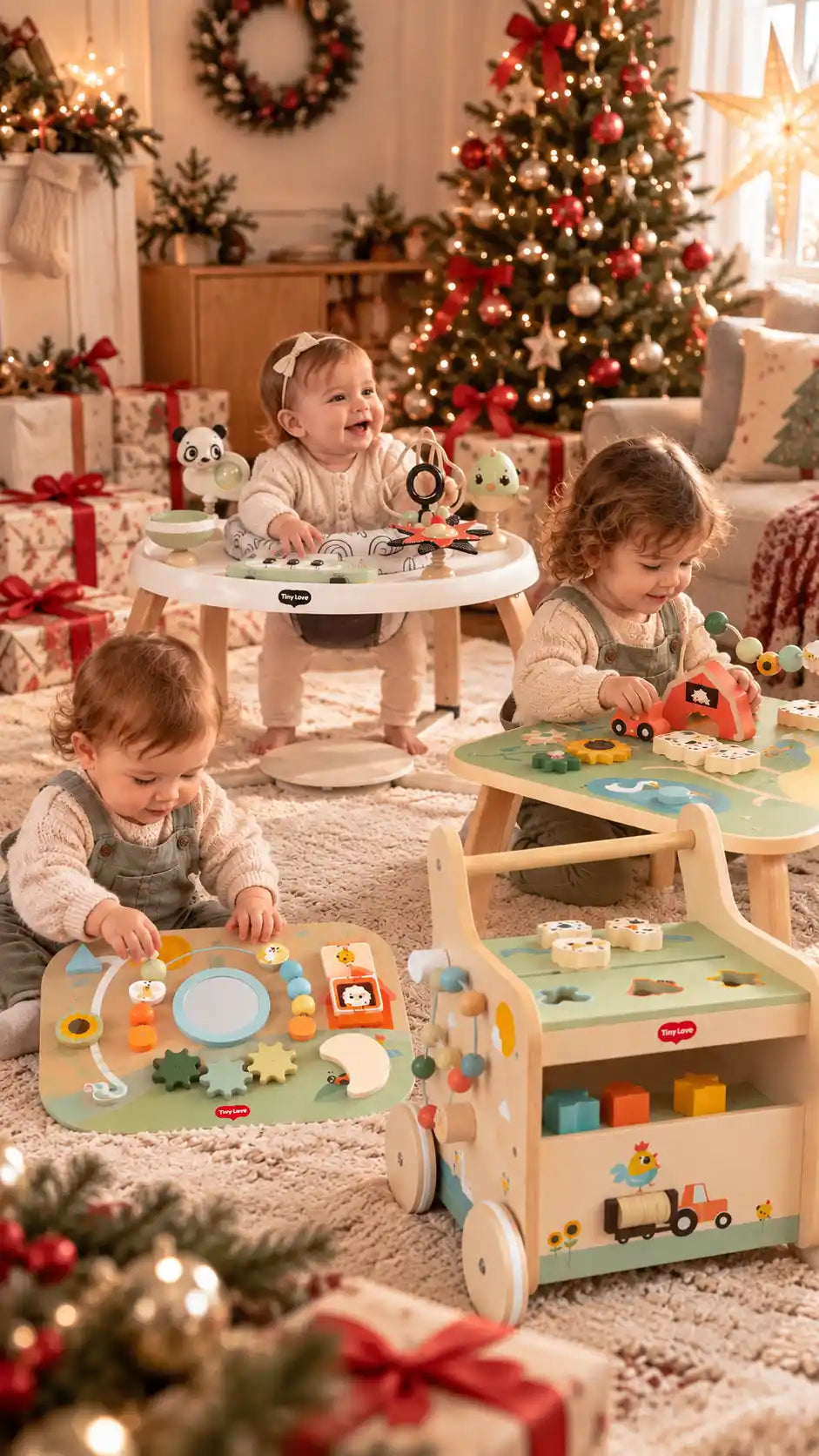 Brinquedos educativos Tiny Love para oferecer no Natal Bonabebe 2026, com bebés a explorar brinquedos de madeira num ambiente natalício acolhedor.