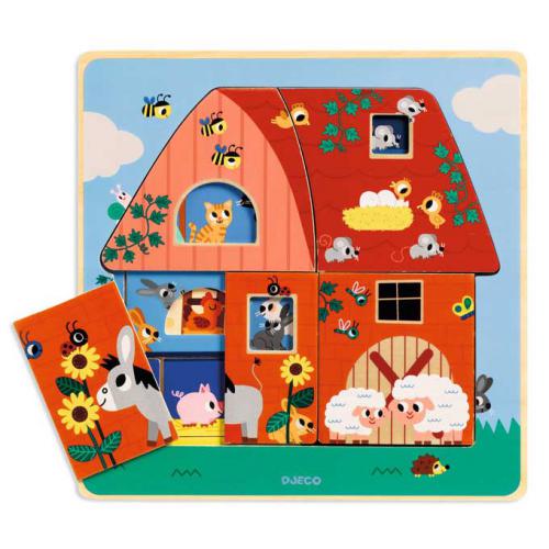 Djeco - Chez Moo - Puzzle Madeira C/ 3 Camadas - Quinta