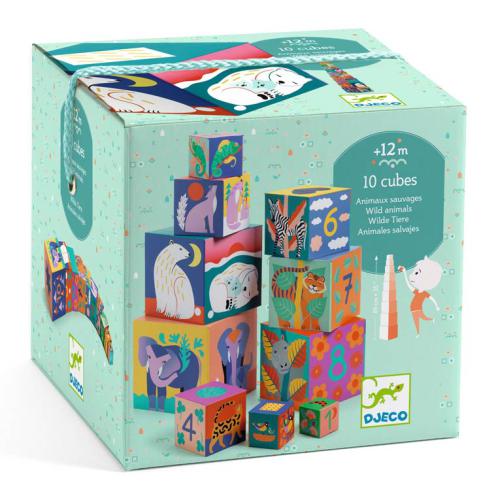Djeco - 10 Cubos p/ Empilhar - Animais selvagens