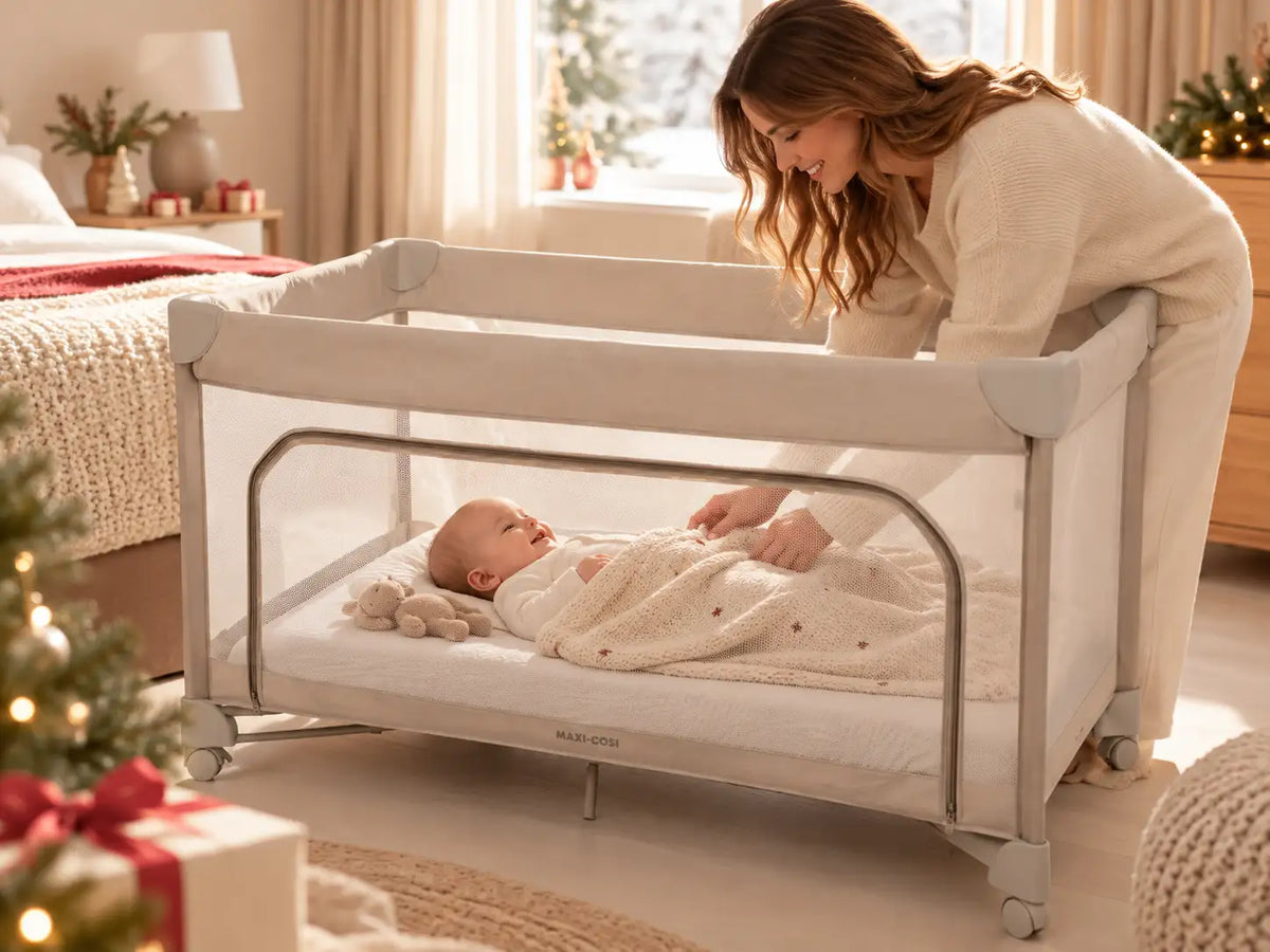 Cama de viagem Maxi-Cosi Merlin num quarto luminoso com decoração de Natal discreta.