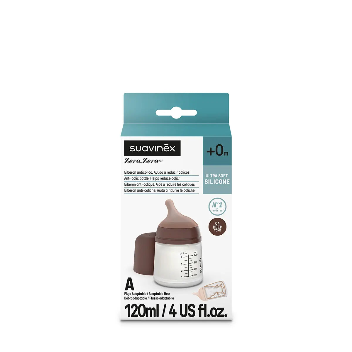 Suavinex Biberón Anticólico Zero.Zero 120 ml - Flujo Adaptable - Tono Oscuro