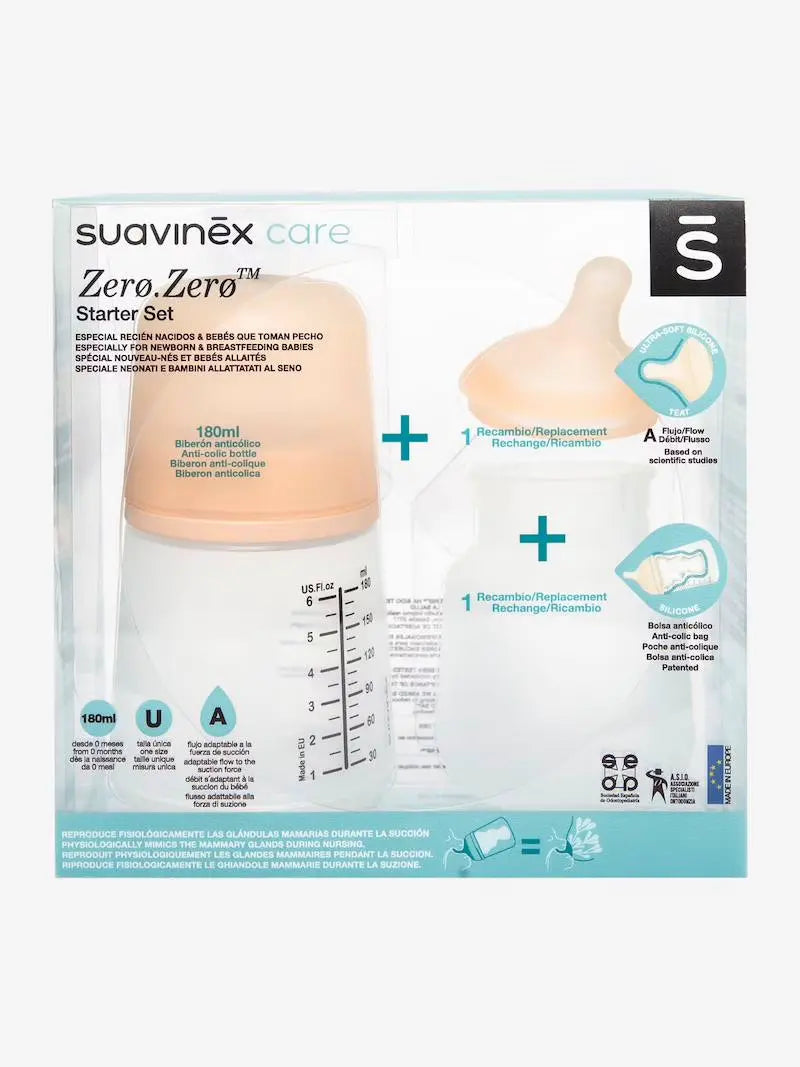 Suavinex Kit de Inicio Zero.Zero Biberón 180 ml Flujo Adaptable + Bolsa de Silicona - Tono Muy Claro