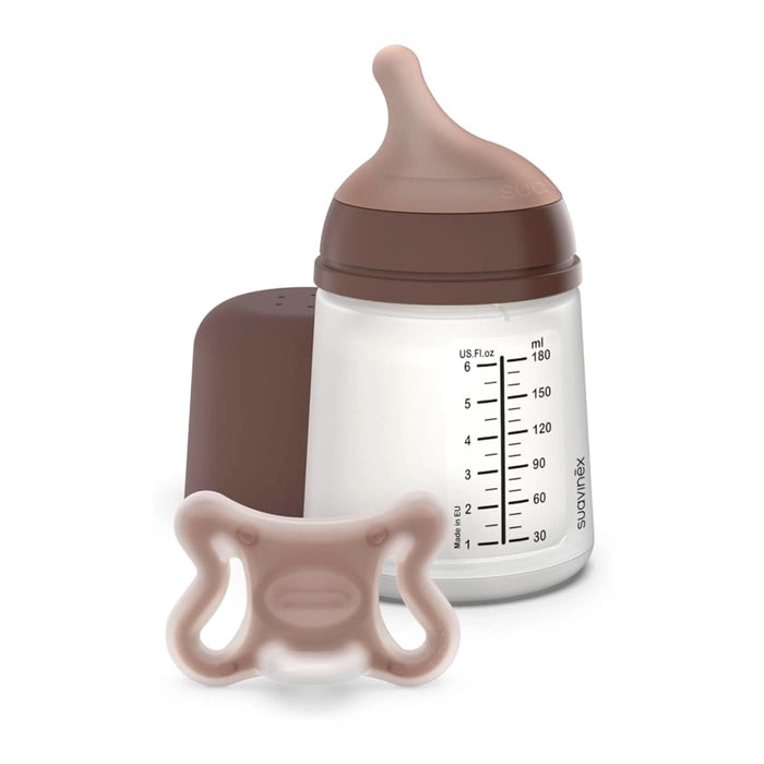 Suavinex Kit Inicial Zero.Zero Biberão 180 ml Fluxo Adaptável + Chupeta -2 a 2 Meses - Tom Escuro